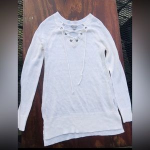 White Lace Up Long Sweater